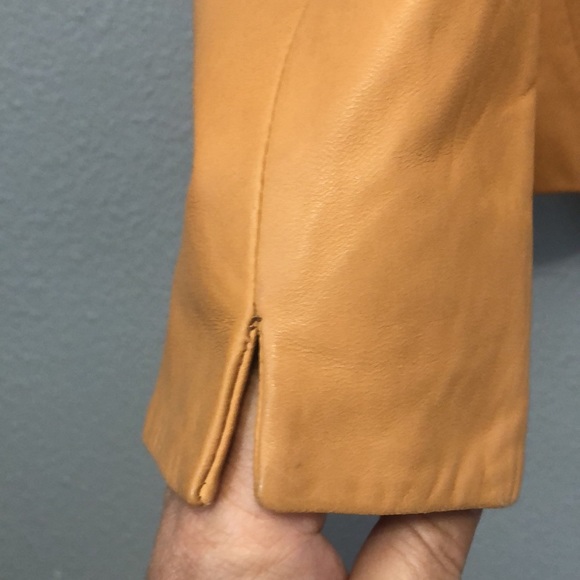 asos REAL Leather jacket Women's 12 camel brown black zip front crop coat EUC - Picture 4 of 16